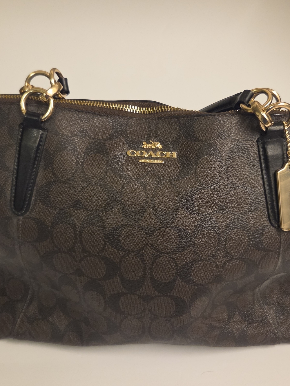 Authentic COACH Ava Tote Bag Signature Canvas Brown Black Gold Hardware F58318
